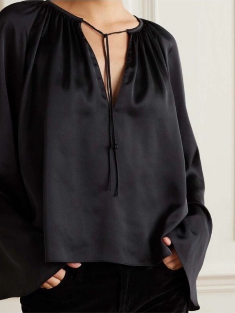 Frame Denim Black Satin Tie-Front Blouse